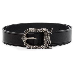 NEW Saint Laurent Black Decorative Buckle Leather Belt